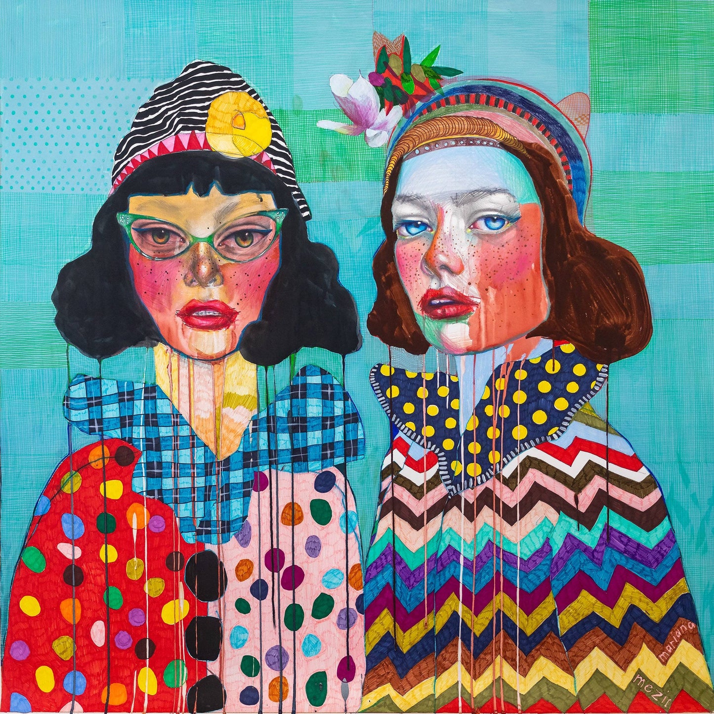 Thelma & Betty Prints - Custom Art Prints and Canvas featuring two women in vibrant, patterned clothing on a teal background. Fine art print for modern decor.