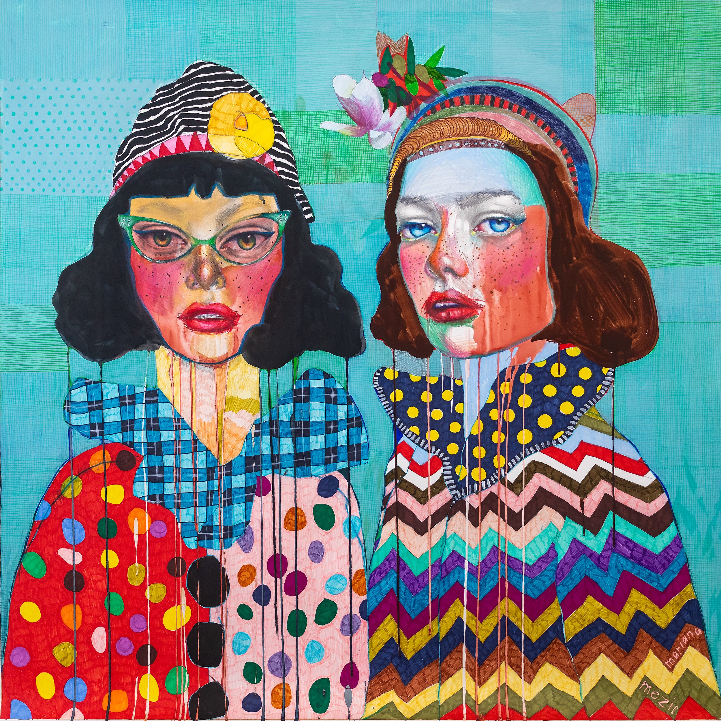 Vibrant fine art print of two women in colorful patterned clothing and bold designs.