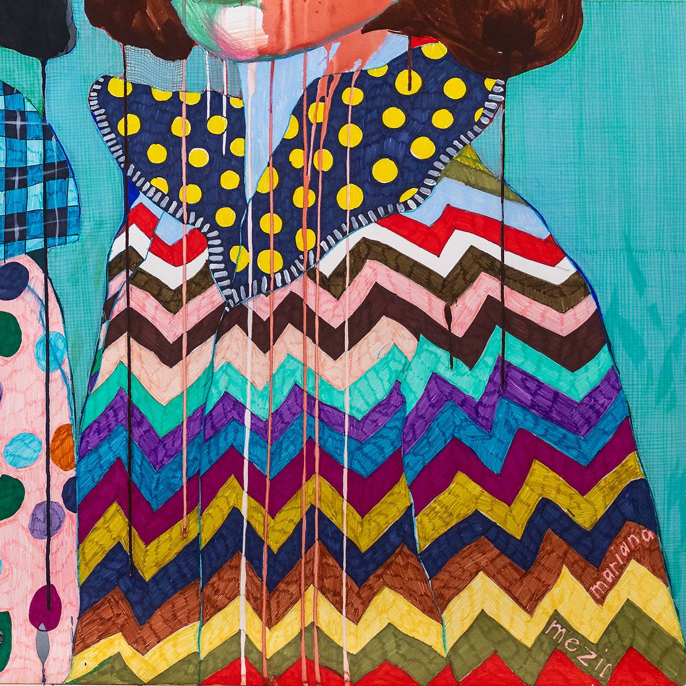 Detail of Thelma & Betty Prints - Custom Art Prints and Canvas highlighting zigzag patterns and polka dots on the right figure’s outfit. Durable fine art canvas.