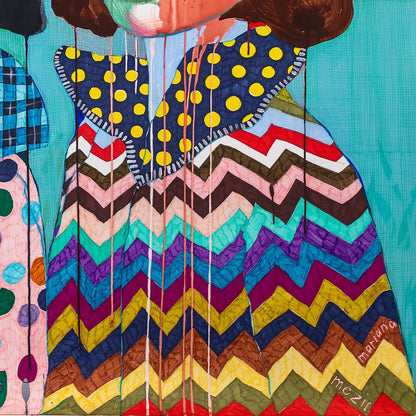 Detail of Thelma & Betty Prints - Custom Art Prints and Canvas highlighting zigzag patterns and polka dots on the right figure’s outfit. Durable fine art canvas.