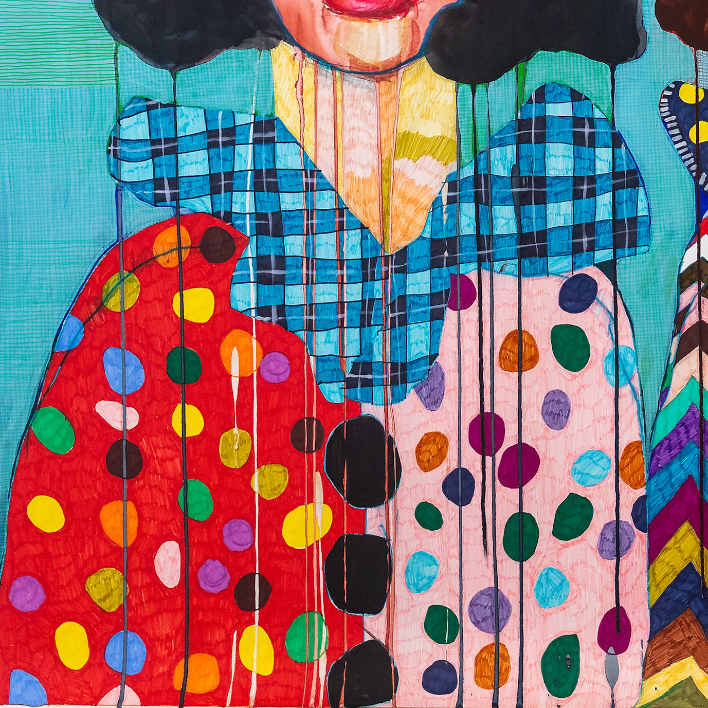 Close-up of polka dot and plaid patterns in a vibrant fine art print.