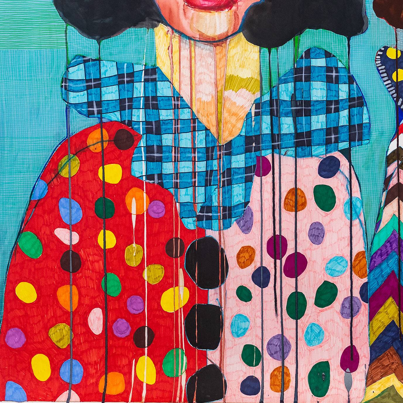 Zoom-in of Thelma & Betty Prints - Custom Art Prints and Canvas showing bold polka dot and plaid patterns on the left figure’s clothing. High-quality fine art print.