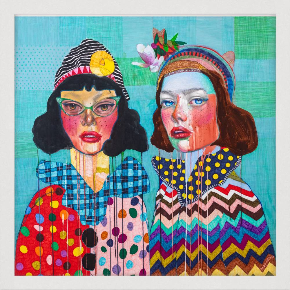 Framed version of Thelma & Betty Prints - Custom Art Prints and Canvas with two stylized women in colorful attire. Empowering fine art for arts & entertainment spaces.