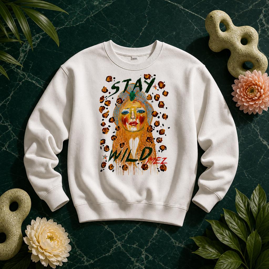 Stay Wild sweatshirt on a dark green artwear flatlay